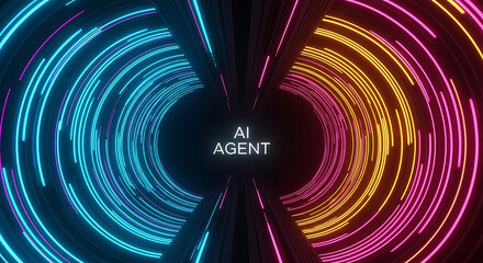 Poster - Abstract ai agent concept represented by futuristic neon illuminated circular data patterns