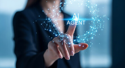 Poster - Businesswoman interacting with artificial intelligence agent represented by digital network