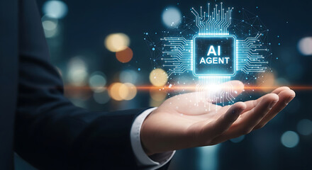 Poster - Businessperson holding ai agent chip representing artificial intelligence and future technology
