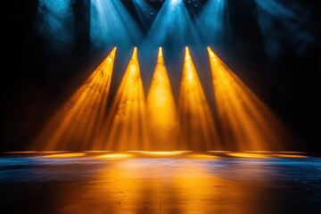 Poster - Bright orange and blue stage lights shine down on an empty theater stage, creating a dramatic and vibrant atmosphere.