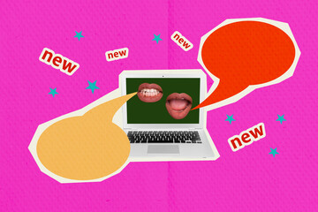 Fototapete - Sketch template design 3D photo collage composite of silhouette laptop display mouth talk news message speech quote communication chat