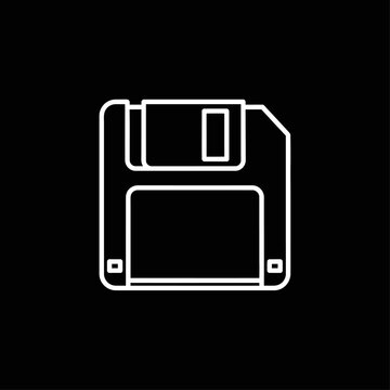 White outline of a floppy disk on a black background representing obsolete data storage media