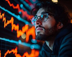 Poster - Worried business owner closely examining a declining market graph