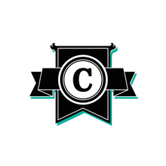 Poster - A black and white emblem with the letter c in the center and a banner design around it on white background