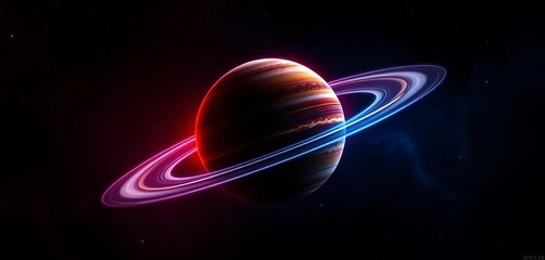 Wall Mural - Vibrant planet with luminous rings in deep space,  abstract,  colorful
