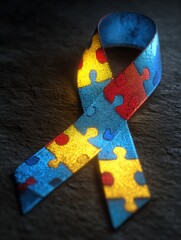 Poster - Puzzle Ribbon Glowing in Center of Colorful Abstract Brain Creating a Vibrant Representation of Creativity and Awareness