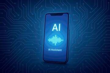 Poster - Futuristic electronic device displaying artificial intelligence assistant interface with sound wave