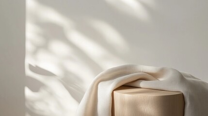 Poster - Soft blanket draped over wooden stool in a sunlit room with delicate shadow patterns
