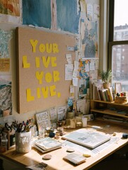 Poster - Inspirational Quote Board Displayed in a Vibrant Abstract Workspace Filled With Creative Materials and Personal Touches