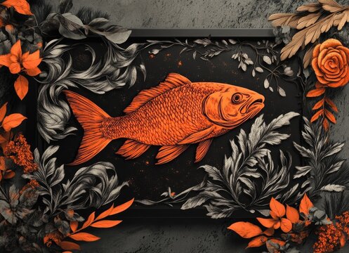Intricate 3D rendered orange fish art piece surrounded by dark floral details on a black tray.