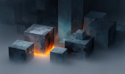 Poster - Glowing stone blocks on a dark background
