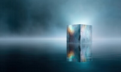 Poster - Holographic cube on misty blue water surface