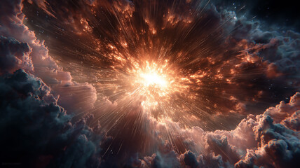 Wall Mural - bright light exploding behind dark clouds in outer space