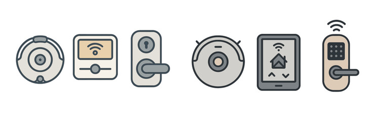 Poster - Home automation devices including smart lock, robot vacuum, and touchscreen control panel in a modern digital setup