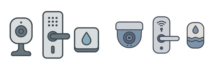 Poster - Various smart home devices with cameras and door locks displayed in a sleek, modern style for home security solutions