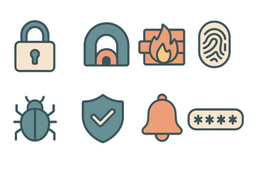 Poster - Security icons representing safety, privacy, and technology concepts with lock, fingerprint, and alarm symbols