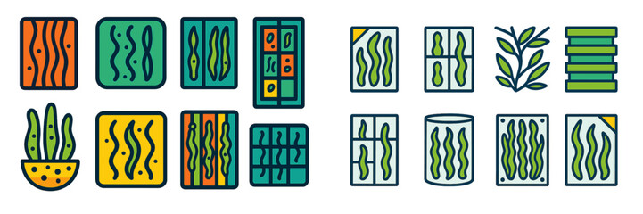 Fototapete - Colorful abstract designs with wavy patterns and geometric shapes featured in various colors and forms on a white background