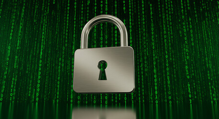 silver padlock against digital green matrix background.