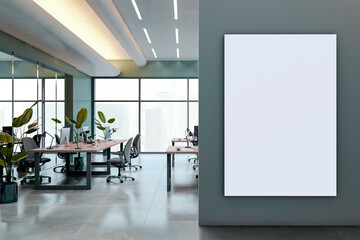 Aufkleber - Modern open office interior with empty vertical poster frame on dark wall, clean workspace design with plants and city view in background wall display. 3D Rendering