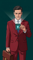 Poster - Man in red suit uses phone for facial recognition, briefcase in hand, dark background, illustrating modern security or identification technology
