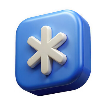 Glossy white asterisk symbol on a rounded blue square icon isolated on transparent background