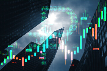 Aufkleber - Digital financial chart with glowing forex candlesticks over cityscape background and hologram of ruble currency symbol in cloudy skyline overlay.