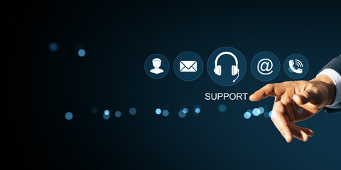 Poster - Businessman hand pressing digital support button with communication icons on abstract dark background, symbolizing online customer service tools.