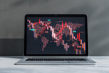 Poster - Laptop displaying global stock market crash data with red downward candlestick chart on world map screen, symbolizing economic financial crisis downturn. 3D Rendering