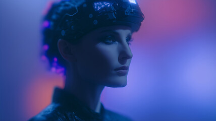 Poster - Futuristic woman cyberpunk technology headgear neon cinematic glowing mysterious confident portrait