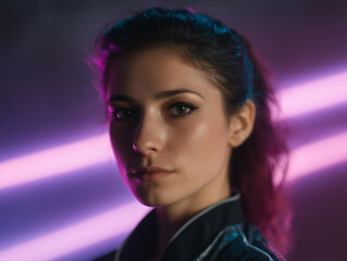 Poster - Cyberpunk portrait of beautiful Caucasian woman with glowing neon lights, futuristic style, confident expression