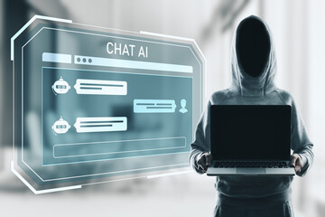 Poster - Anonymous person in hoodie holding laptop with digital chat AI interface, symbolizing virtual communication, hacking, or cyber support concept.
