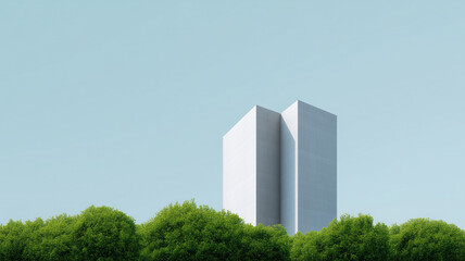 Poster - Minimalist modern building, green park, blue sky, geometric architecture, peaceful, urban, nature