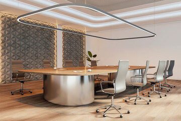 Aufkleber - Modern executive boardroom interior with sleek wooden desk, metal elements, and contemporary lighting in a premium corporate setting. 3D Rendering