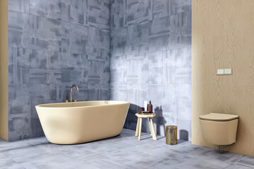 Aufkleber - Modern luxury bathroom with beige bathtub and toilet against gray tiled wall and wood panel accent, showcasing elegant contemporary interior design. 3D Rendering