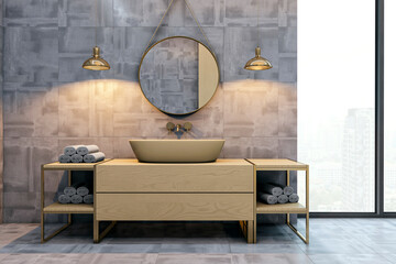 Aufkleber - Modern elegant bathroom interior with round mirror, concrete wall tiles, wooden vanity, and city view through large window in luxury loft style. 3D Rendering
