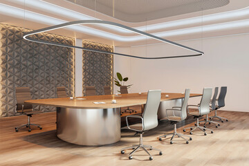Aufkleber - Modern corporate boardroom interior with wooden desk, metal base, ergonomic chairs, abstract wall design, and sleek ceiling lighting. 3D Rendering