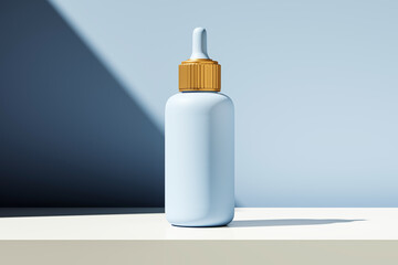 Poster - Minimalist cosmetic dropper bottle mockup with golden cap on clean surface in sunlight and soft blue gradient background for product branding design. 3D Rendering