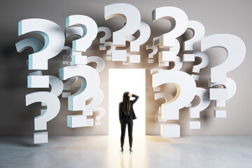 Poster - Businesswoman standing in front of a bright doorway surrounded by large question marks, symbolizing uncertainty and future decisions.