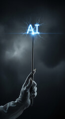 Poster - Gloved hand holds wand, emitting AI letters and energy, against dark stormy sky, symbolizing artificial intelligence power and potential