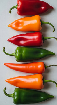 Close-up of six colorful peppers arranged vertically, showcasing vibrant red, orange, and green hues, representing freshness and variety, ideal for food blogs or culinary themes