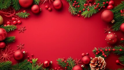 Wall Mural - Merry Christmas and Happy New Year red background with fir branches and decorations form an empty frame with copy space for greeting text
