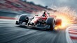 © Yevheniiya - A red Formula 1 race car speeds around a track corner, sparks flying from its rear tires, creating a sense of speed and action.