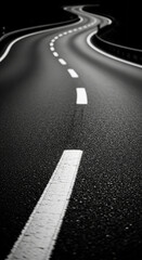 Poster - Black and white image of a winding asphalt road, featuring white lane markings, suggesting journey, travel, and the path ahead