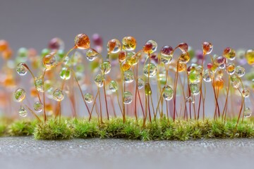 Poster - Moss patch adorned with vibrant dewdrops sparkles on a soft neutral surface, inviting nature's beauty indoors
