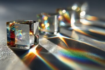 Poster - Exploring the mesmerizing beauty of gradient refraction lines on a simple surface with sparkling crystal cubes