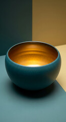 Poster - Teal ceramic bowl with gold interior, sitting on a teal surface against a two-toned background, showcasing simple elegance and minimalist design, ideal for product display