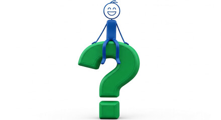 Poster - Smiling figure sits atop large green question mark, symbolizing curiosity, inquiry, or problem-solving Free space for text
