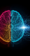 Aufkleber - Neon brain halves, circuit board design, represent intelligence, technology, and neural networks, showcasing digital brainpower, ideal for tech concepts
