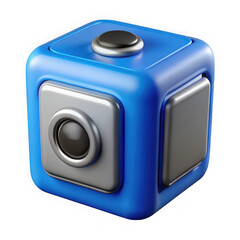 Poster - Close up of a blue fidget cube toy with silver accents and a black button isolated on transparent background