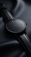 Poster - Black wristwatch with leather strap, rests on dark fabric background, showcasing minimalist design and elegance, ideal for luxury or fashion concepts